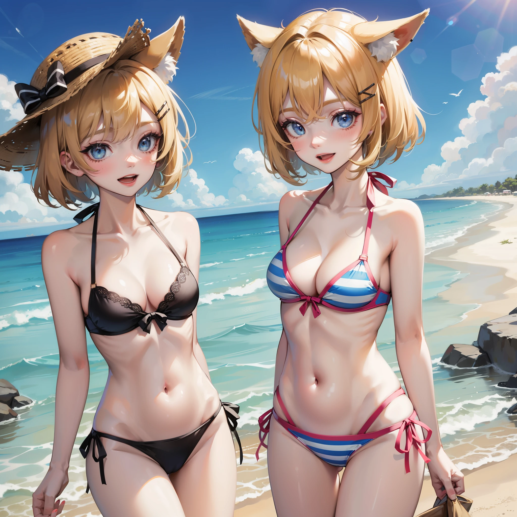 1girl, rating:safe, blonde_hair, striped, breasts, hat, solo, hair_ornament, blue_eyes, navel, cloud, sky, short_hair, open_mouth, bikini, x_hair_ornament, smile, striped_bikini, swimsuit, day, looking_at_viewer, cleavage, blue_sky, medium_breasts, blush, blue_bikini, outdoors, collarbone, :d, hairclip, animal_ears, bare_shoulders, vertical-striped_bikini, stomach, striped_bra, eyebrows_visible_through_hair, black_headwear, arms_behind_back, bangs, cowboy_shot