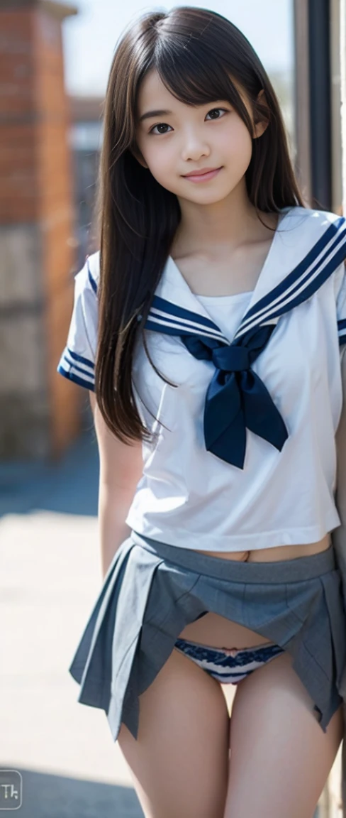 (Masterpiece, Highest quality:1.2), 8k, beautiful girl, 85mm,OFFICIAL AR RAW PHOTO, Young face、big breasts、Show me your ears.、photography, Cute face, thigh, classroom after school, looking at the audience, Embarrassing、smile、No makeup, Film texture, Chromatic aberration, Sharp focus, face light, clear light, ten generations, detailed face, background bokeh、(((((( high school girl))))))、Thin waist、sailor suit、Navy blue short skirt、open skirt, white panties, bare chest, Not wearing a shirt, nude