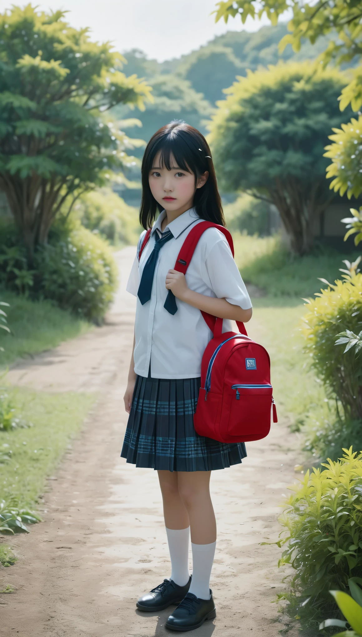 highest quality、masterpiece、live-action、Realistic、High resolution、4k、Japanese、Black Hair、Girl、Cute Girls、Primary school students、10 years old、Crying face、sweat、Carrying a red school bag、look back、Peaceful scenery -- 9:16