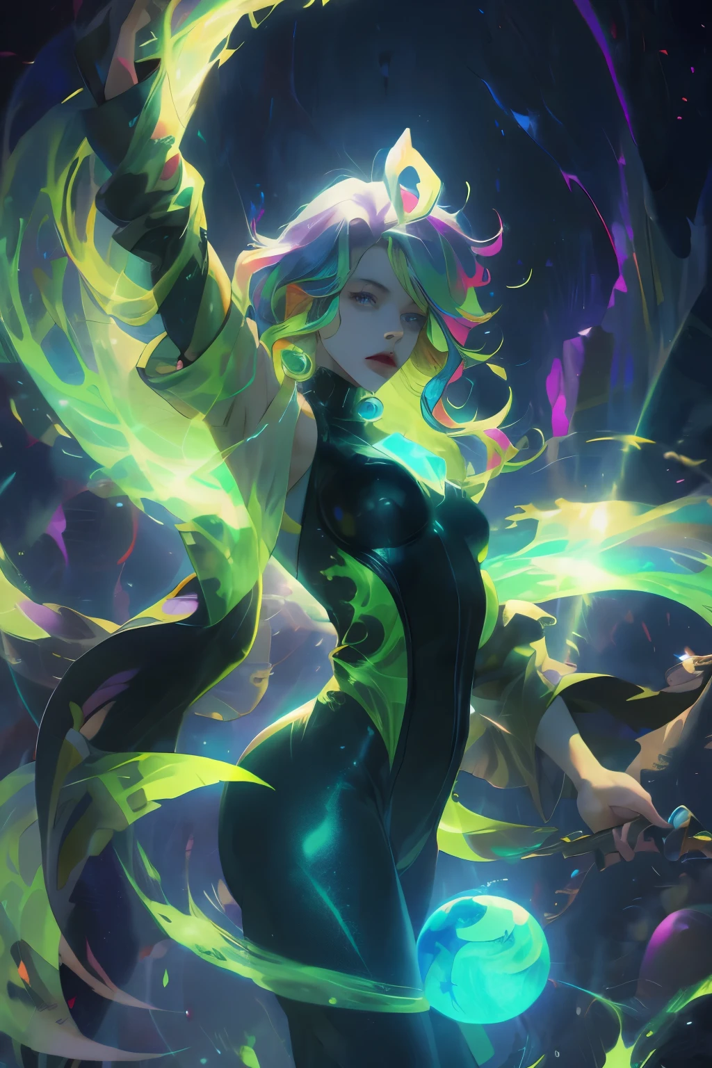 masterpiece, best quality, 1 Girl, with long flowing rainbow hair in shades of purple, blue, and green, Wearing a stylish black bodysuit, stand in a dramatic pose，One hand crosses the waist，The other hand holds a glowing, Magic crystal ball. in the background, Swirling vortices of light and energy add to the mysterious and enchanting atmosphere of the scene. glow hair, multicolor hair