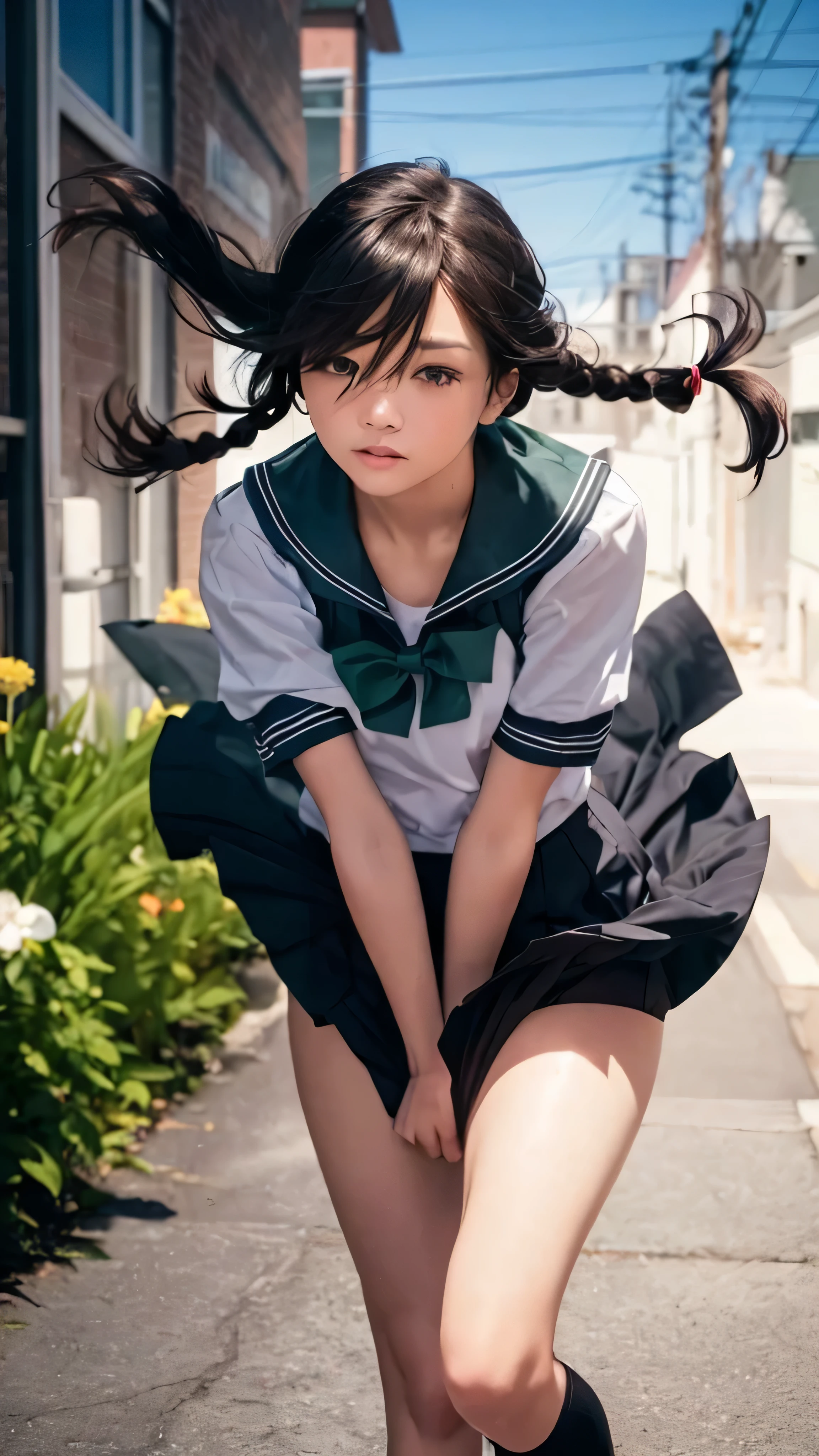 (RAW quality:1.4), (masterpiece:1.2, highest quality), (Realistic, photoRealistic:1.4), Beautiful illustrations, (Natural side lighting, Cinema lighting), ,
(Watching the audience), 1 girl, Japanese, high school girl, Perfect Face, Symmetrical cute face, Glowing Skin, ,
(Middle hair:1.4, Twin braids:1.2, Black Hair), Hair between the eyes:1.5, Hair above one eye:1.1, Big eyes, Emerald green eyes, Droopy eyes, Long Eyelashes, (Large Breasts:0.6),
Beautiful Hair, Beautiful Face, Detailed and beautiful eyes, Beautiful clavicle, Beautiful body, Beautiful breasts, Beautiful thighs, Beautiful feet,
((Symmetrical clothing, Fine cloth texture, A cute, thin, short-sleeved sailor uniform, Pleated skirt, Red bow tie)), Black socks, hair band,
(Beautiful views), Daytime, Flower Field, Modern, (Facing forward), (Impatient look, Blushing cheeks, Embarrassed look), (((Skirt pulling, Wind Rift))), Random Angle,