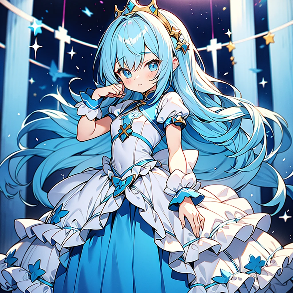 anime style,ultra hyper cute tiny boy,loose long hair,light blue hair,13 years old,frill,
pretty soldier,cross-dressing,
shota wearing light blue princess knight costume,