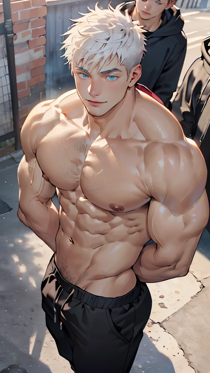 ((the best quality)), ((Masterpiece)), (details), perfect face, high definition, Masterpiece,4k,details clearly, Handsome face, white skin, perfect body, male body, strong muscles, abdomen, blue eyes, white skin, The most handsome man in the world, handsome, The coolest face, Male characters, close image (1man, shirtless), young man, mischievous smile, Extremely muscular tall man, open your eyes ((detailed eyes)), huge, muscular body and Massive, bulging pecs, muscular abs, narrow waist, short hair, blue eyes, delicate big eyes, carefree expression, clear face, handsome (detailed face, perfect face) ((extremely realistic shadows, bodybuilding posture, human, ((22-year-old young man)), V shape, athletic pants, athletic, Shirtless, Sunlight, Street, lower pants, topless, close up look, CG sense, Textured skin, the best quality, Storytelling images, lower your pants, show Panty line, Show your abs, show arm muscle, white hair, shining blue eyes, eyes contact, hoodie, open hoodie, Black hoodie, oversize cloth