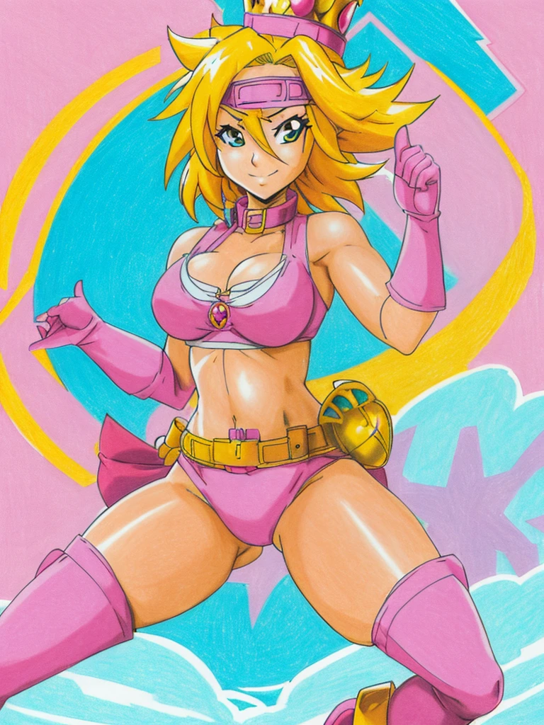 highest quality, (animation illustration), (pink border bikini, elbow gloves, boots, heroes belt, eye mask), (yellow hair), looking at the viewer with a smile, I got the crown, (Floating in the air)