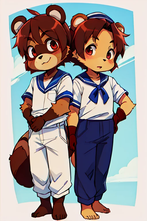 2 boys, tanuki, furry, bodyfur, tail, Sailor suit, short sleeve, jersey pants, long trousers, gloves, barefoot
