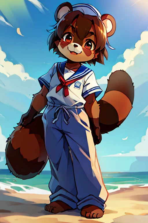 2 boys, tanuki, furry, bodyfur, tail, Sailor suit, short sleeve, jersey pants, long trousers, gloves, barefoot
