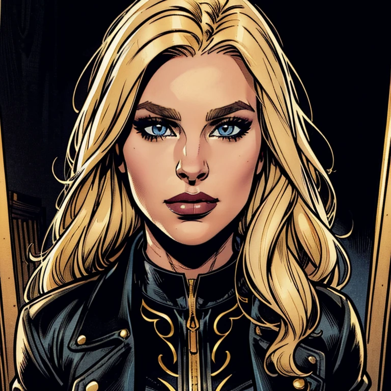 Draw a beautiful white woman, she is wearing a black jacket, she has a black collar with golden details, she has a beautiful long blonde hair with a nice long fringe, she has beautiful eyes, her face is pretty, very beutiful, high resolution, 4k, 8k, masterpiece, high detailed, american comic book style image
