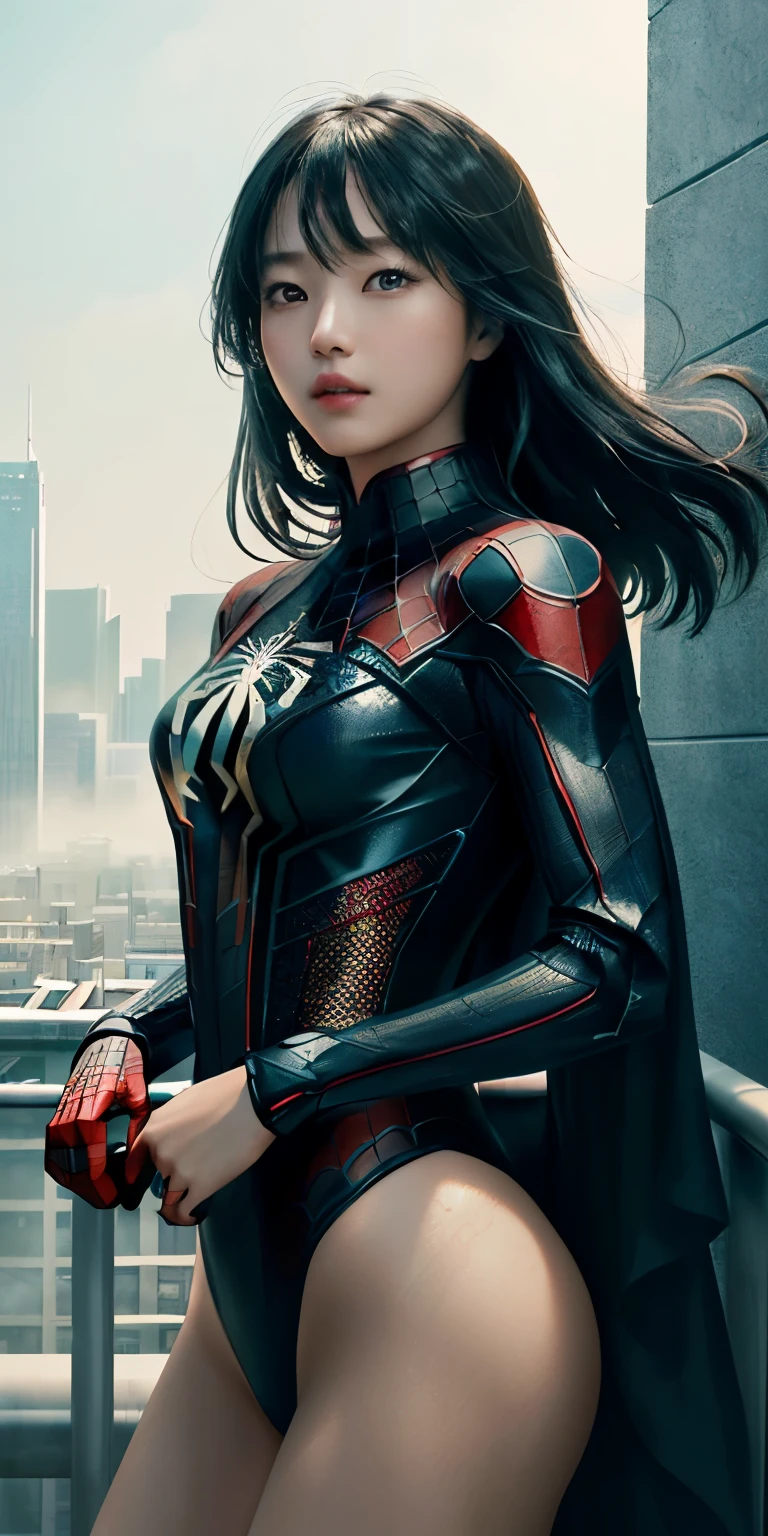 (One girl:1.3), alone, (((Very Detailed face)))), ((Very detailedな目と顔)))), beautifulディテールの目,Spider Girl、肌の露出多しbeautiful生脚、beautifulへそ、beautiful乳、Big 、 Body parts__, Official Art, Unified 8k wallpaper, Very detailed, beautiful and beautiful, beautiful, masterpiece, 最high quality, Leotard Spider Suit、original, masterpiece, Ultra HD Photos, 最high quality, Ultra-high resolution, Realistic realism, sunlight, Full body portrait, Great beauty, Dynamic pose, Delicate face, Vivid eyes, (from the front), She's wearing a Spider-Man suit, Red and black color scheme, Spider, Very detailedな都市の屋根の背景, rooftop, Overlooking the city, Detailed face, Detailed, intricate and busy background, Messy, nice, milky, Very detailedな肌, Realistic skin detail, Visible pores, Clear focus, Volumetric Fog, 8K Ultra HD, Digital SLR, high quality, Film Grain, Fair skin, Photorealistic, Lomography, Future dystopian megalopolis, translucent