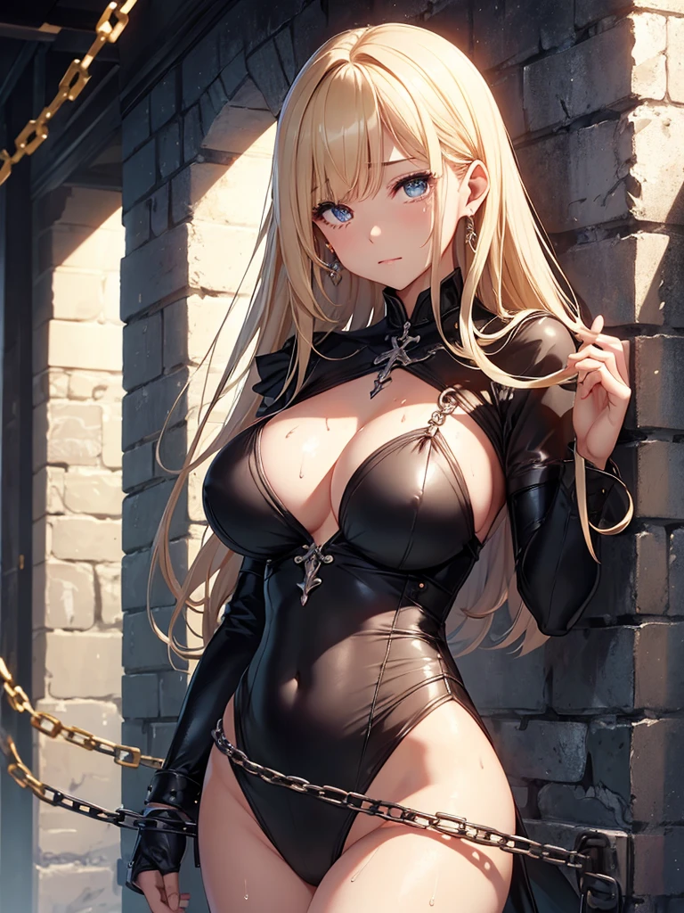 beautiful long blonde　blue eyes　Beautuful Women　Leather collar with chain　　Terrified face　fullnude　　small tit　　Inside the Prison　slaves