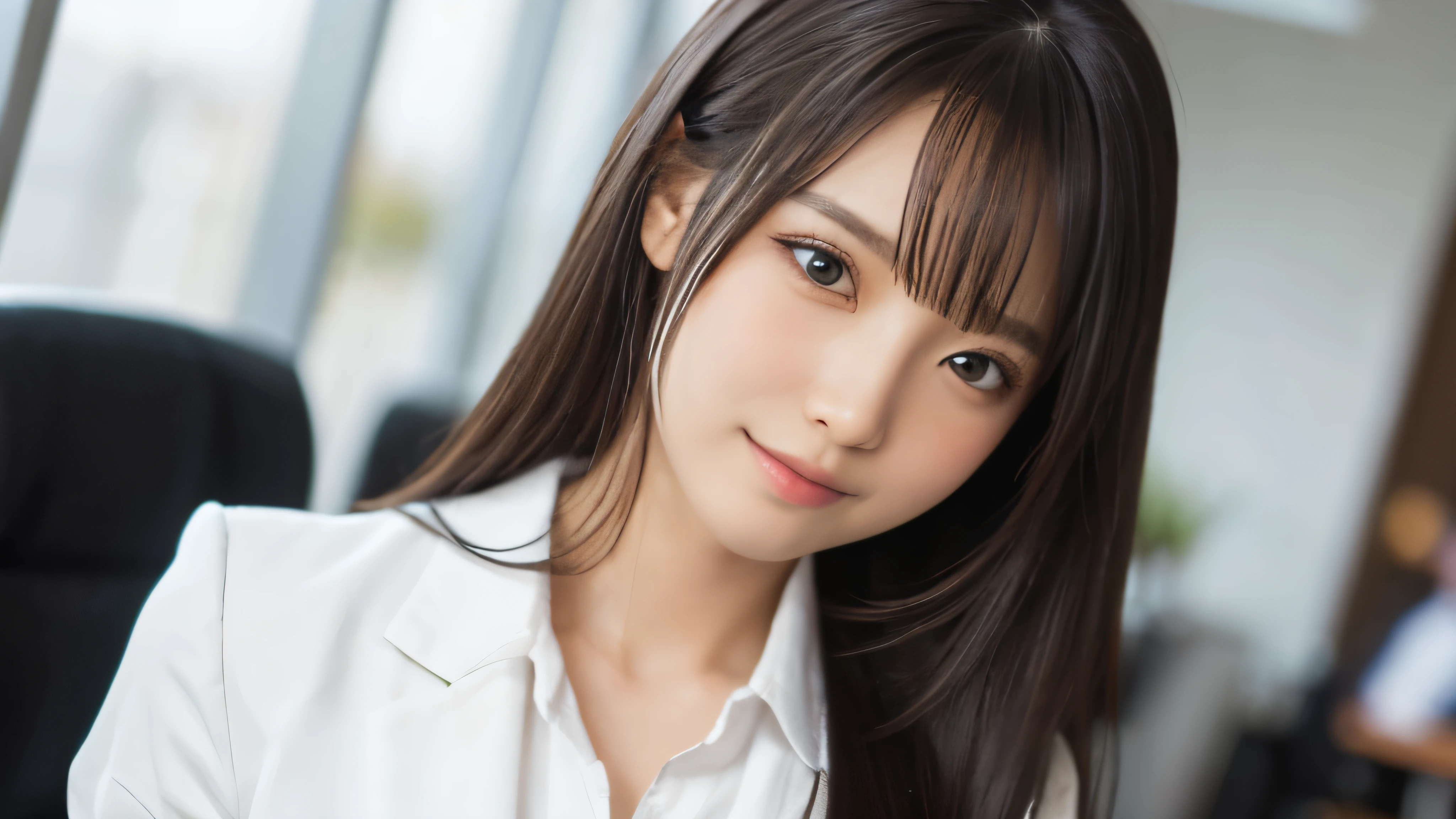 (Realistic: 1.4), (highest quality: 1.4), (Fine grain), Full body shot, ((office)), ((I'm working)), ((One young woman)), Black wavy hair, ((business suit)), Wide eyes, Blushed face, ((smile)), Highly detailed face and skin texture, Healthy Skin, 8k resolution