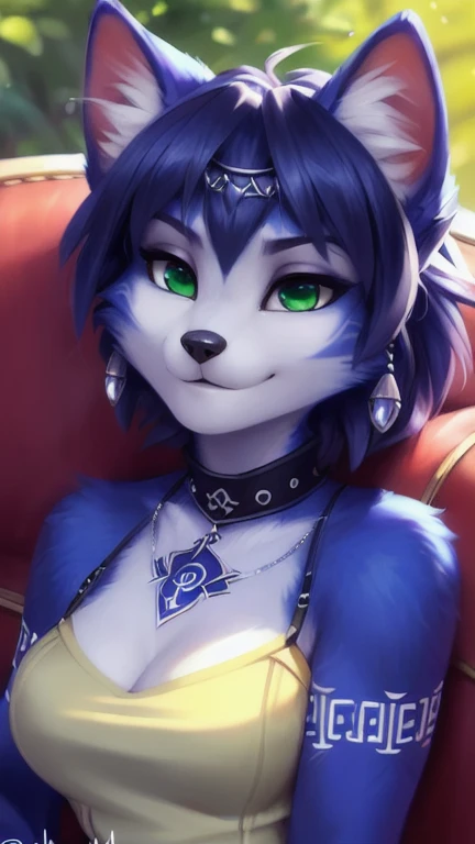 A beautiful and detailed (sweet portrait) von ((Krystal)), Sternenfuchs Krystal, Schlank, liebenswert, green eyes, medium breasts, (((Lange blaue Haare 1.3))), Dekollete, Grinsen, hoch schauen,, anthro, Pelzig, Hochgeladen E621, detailed flauschige fur, (von Fluff-Kevlar, Bayard Wu, personalami, Pino Daeni), detailliertes Gesicht, (flauschige), 1 girl, Allein, auf einem sofa sitzend, alltagskleidung, heller pullover 1.3, schwarze hose