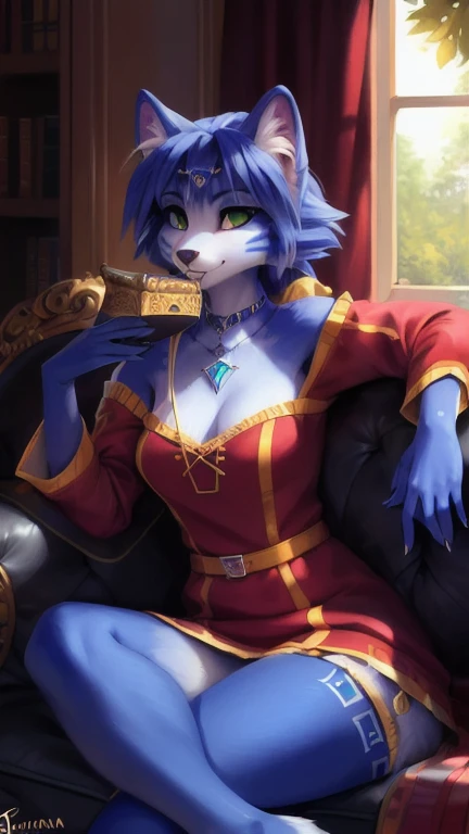 A beautiful and detailed (sweet portrait) von ((Krystal)), Sternenfuchs Krystal, Schlank, liebenswert, green eyes, medium breasts, (((Lange blaue Haare 1.3))), Dekollete, Grinsen, hoch schauen,, anthro, Pelzig, Hochgeladen E621, detailed flauschige fur, (von Fluff-Kevlar, Bayard Wu, personalami, Pino Daeni), detailliertes Gesicht, (flauschige), 1 girl, Allein, auf einem sofa sitzend, alltagskleidung, heller pullover 1.3, schwarze hose