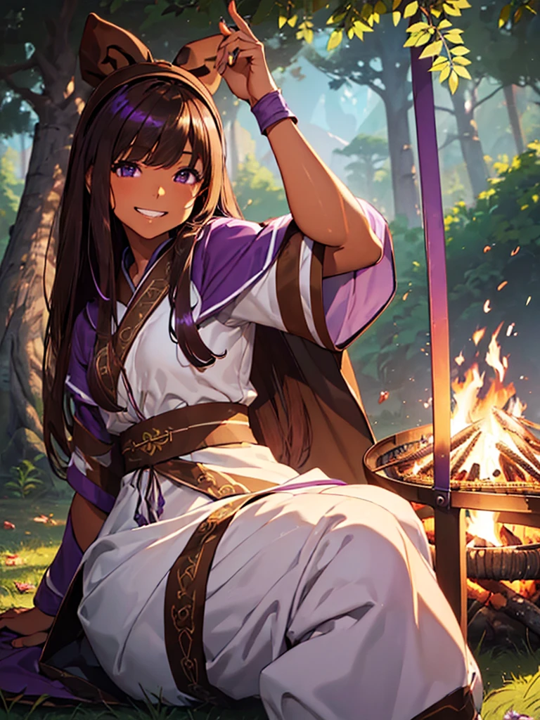 (masterpiece、top-quality、hight resolution)、((((((brown skin))))))、(((grin)))、((purple hair band、purple ribbon、open cloak、Campfire))、nsfw、