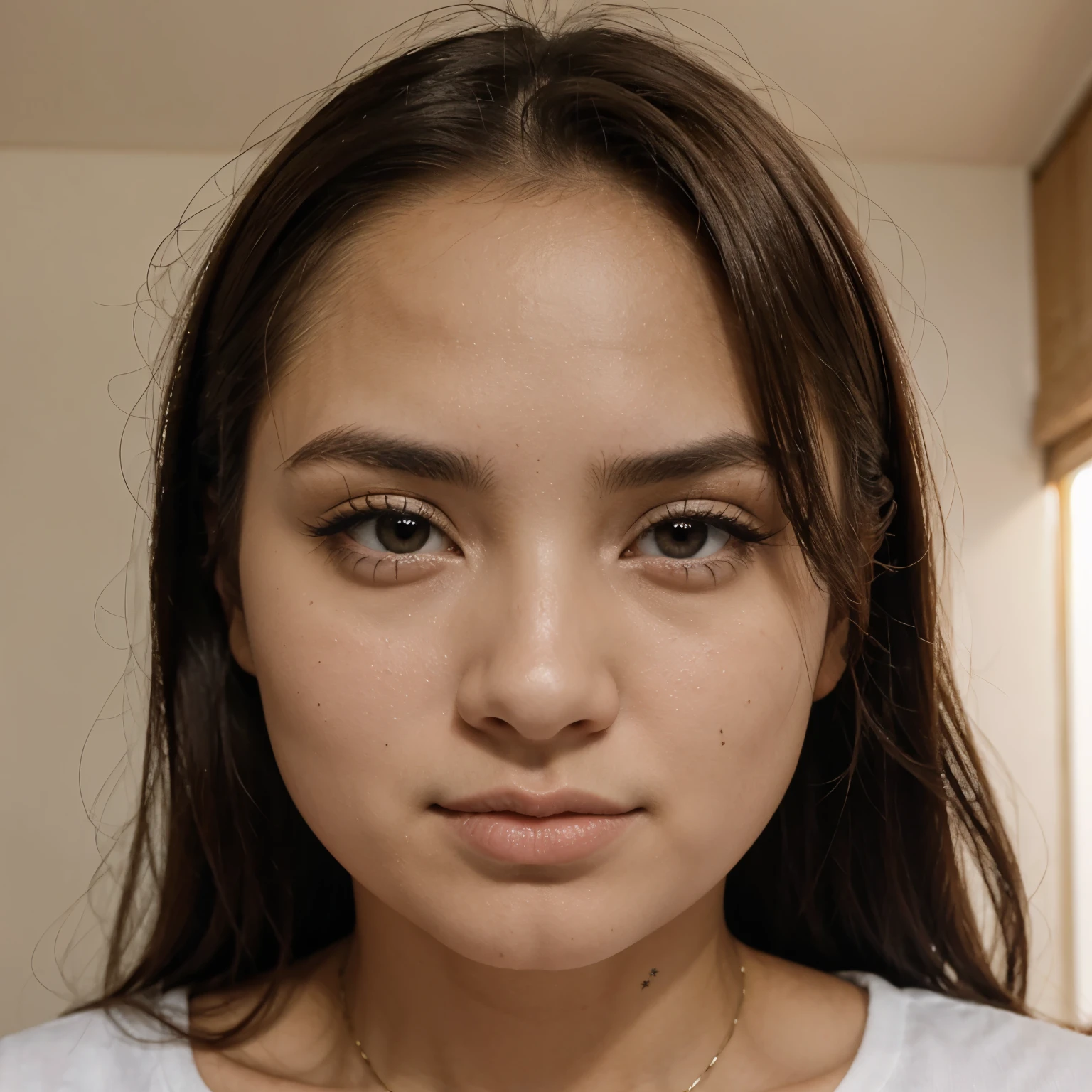 Chica de cara redonda piel blanca ojos claros y chinos