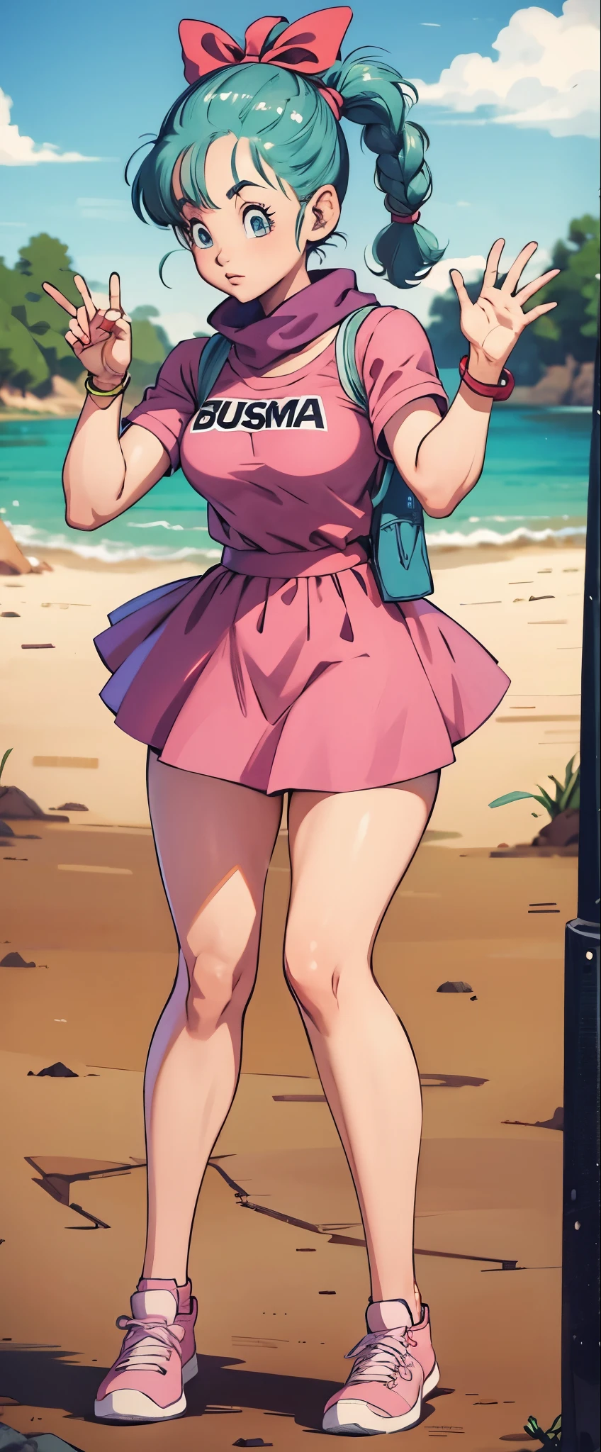 Bulma, usando vestido rosa, pink sneakers, cabelo verde, muito linda, 8k, pernas grossas , Fitness, bunda grande