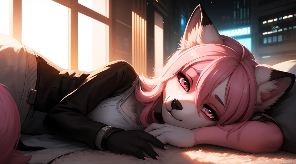 Cyberpunk fox, Beautiful light and shadow on a beautiful face with light pink hair、Ambientebeleuchtung am Strand、Ultra-fine fur、Das volumetrische Licht ist sehr detailliert,Furry art of the highest quality, nackt
