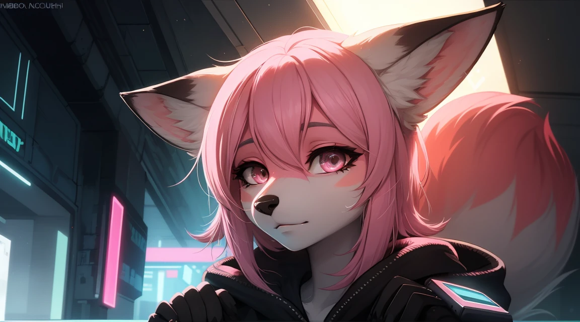 Cyberpunk fox, Beautiful light and shadow on a beautiful face with light pink hair、Ambientebeleuchtung am Strand、Ultra-fine fur、Das volumetrische Licht ist sehr detailliert，Furry art of the highest quality, nackt