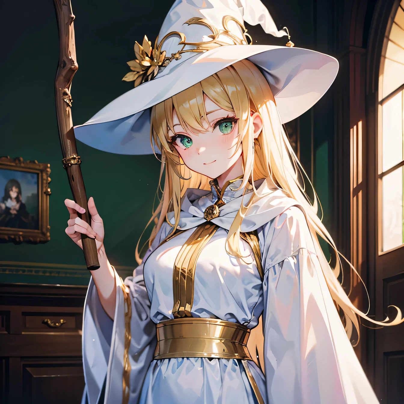 Anime Moe Art Style,highest quality,High resolution,Anatomically correct,One Woman,Adult woman in her twenties,Blonde,Long Hair,Straight Hair,Her hair is straight down,Green Eyes,Super detailed,witch,White hat with gold trim,White cloak with gold trim,Red lining,Long dress,Medium sized breasts,A gentle smile,intellectual,A rich expression,Eyes drawn in detail,Has a long stick,Inside the palace,8K