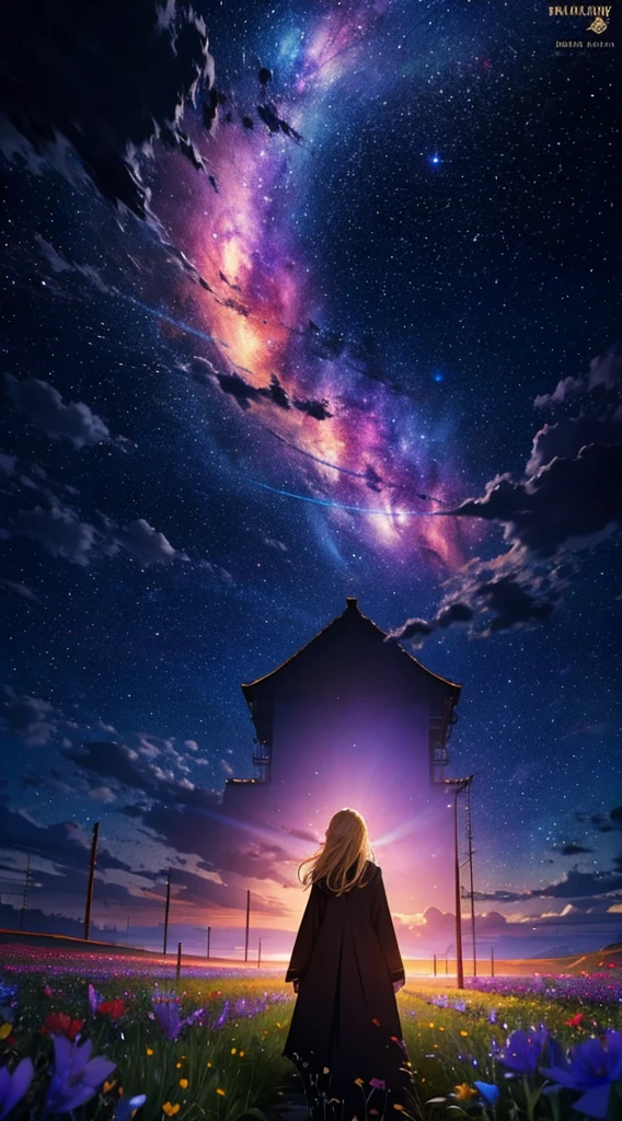 1people,Blonde long-haired woman,Long coat, Dress Silhouette, Rear View,Space Sky, A flower field,Colorful flowers