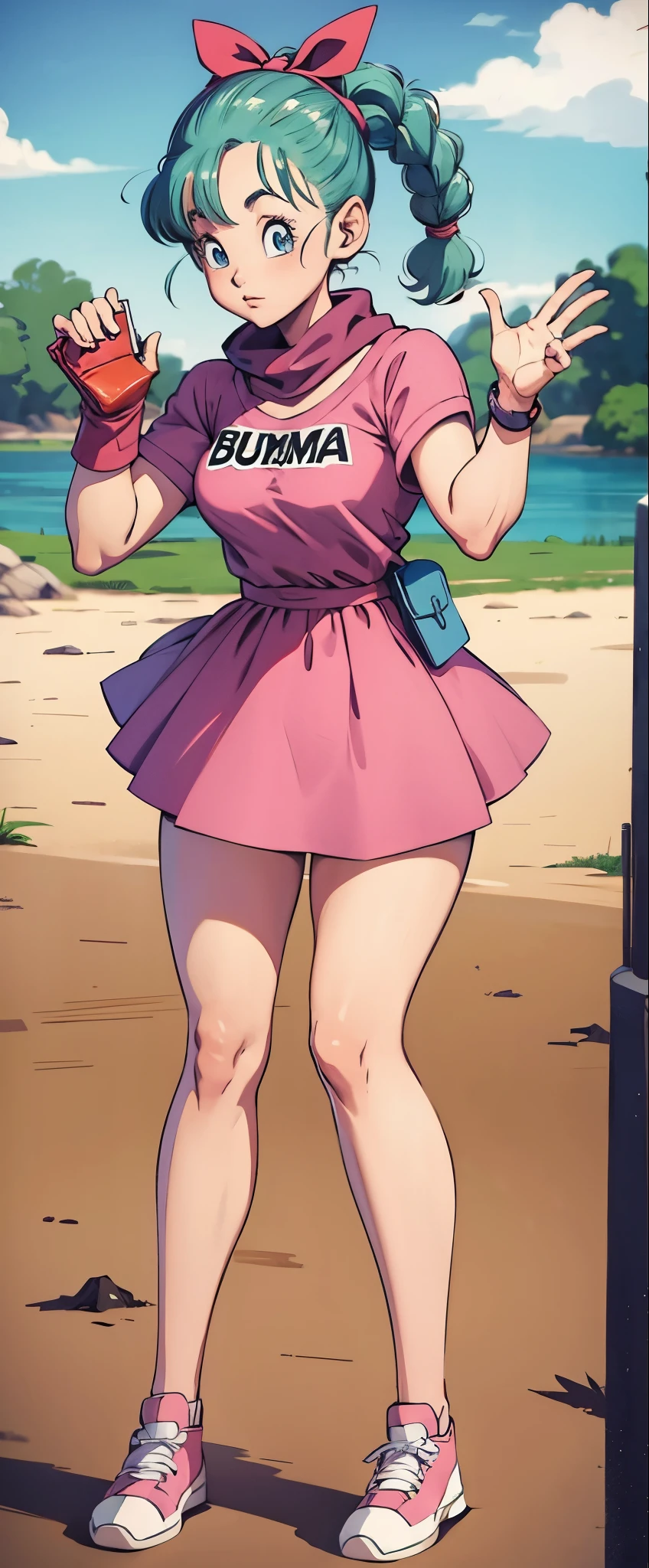 Bulma, usando vestido rosa, pink sneakers, cabelo verde, muito linda, 8k, pernas grossas , Fitness, bunda grande