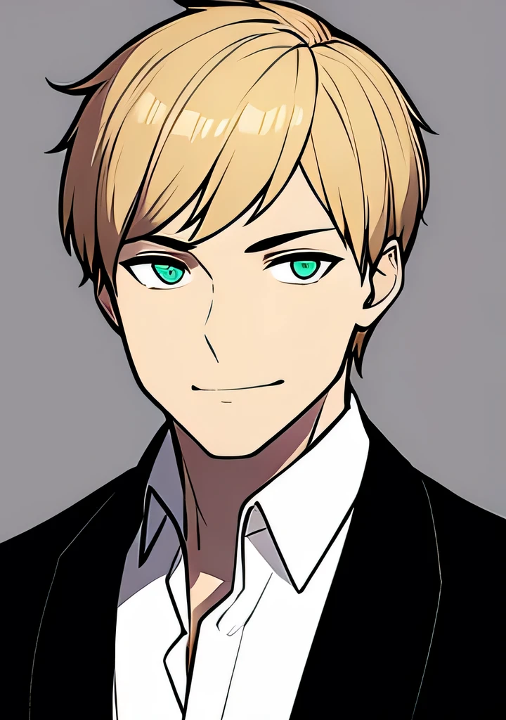 One young Adult male, brownish tanned skin, handsome, dirty blonde short hair, green eyes, confident yet kind expression, smug smile, wearing white collared shirt and black jacket, portrait style, facing forwards, plain grey background 