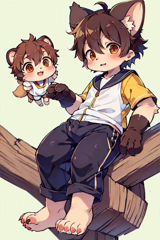 2 boys, tanuki, furry, bodyfur, tail, Sailor suit, short sleeve, jersey pants, long trousers, gloves, barefoot