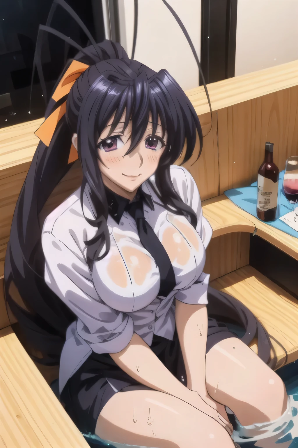 Himejima Akeno、Long Hair、(draw the eyes:1.2)、one person
、blush、smile
、Soaking wet
、Sit down
、In a suit
、(highest quality)
、(Fine skin:1.3)
