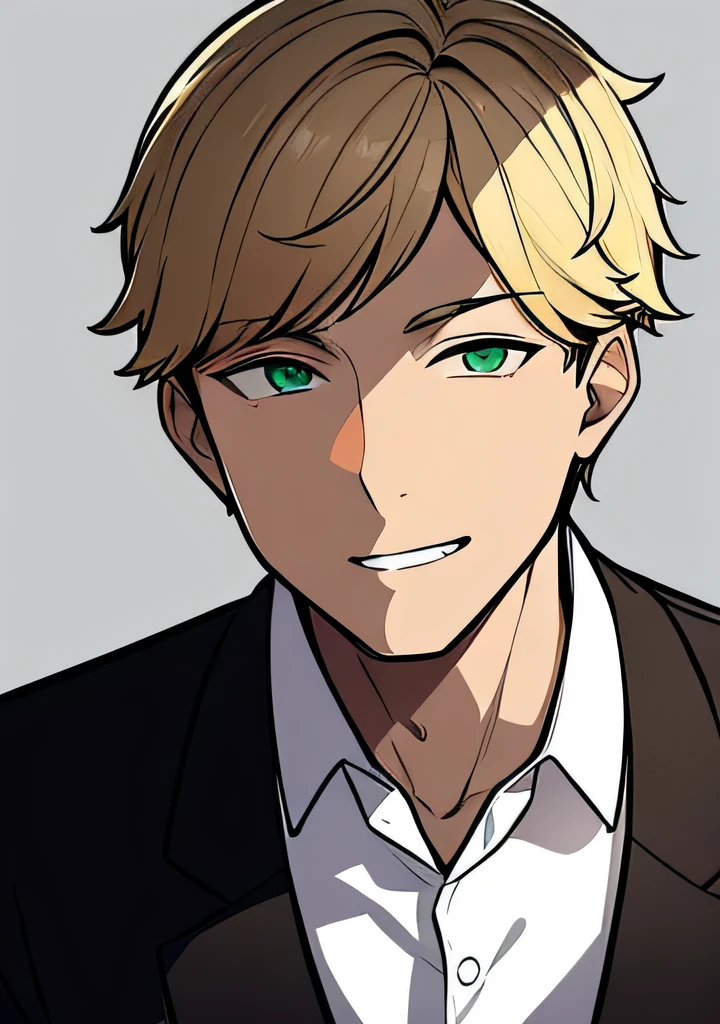 One young Adult male, brownish tanned skin, handsome, dirty blonde short hair, green eyes, confident yet kind expression, smug smile, wearing white collared shirt and black jacket, portrait style, facing forwards, plain grey background 