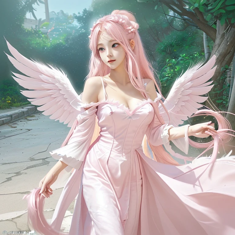 Light pink hair, Pink Eyes, Pink and white,  Vibrant colors, blouse white、Paint Splash, Ray Tracing, Wavy long hair,  angel, Many feathers fluttering, Large wings from the latissimus dorsi、ancient Greek costumes 