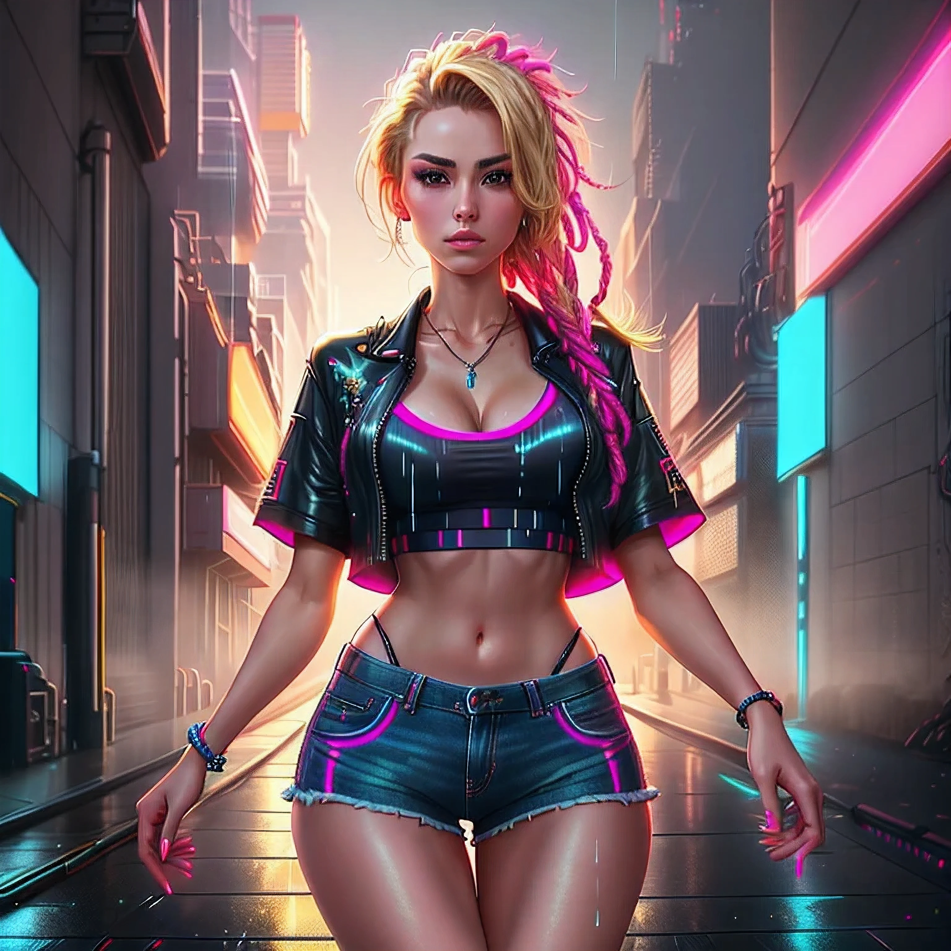 analog style, woman, (thepit bimbo:0.6)), blue eyes, black crop top with text, hoop earrings, detailed, skin texture, back-length hair, blonde hair, full lips, full body perspective, platform heels, collar, pink jacket, centered, tan skin, looking at viewer, kneesocks, 8k, highly detailed, glossy, [Nina Dobrev|Emma Stone], symmetric, realistic, photo-realistic, cleavage focus, pout, jeans shorts, bracelet, studio lights, wide hips, glowing colors, glowing skin, twintails, cyberpunk,