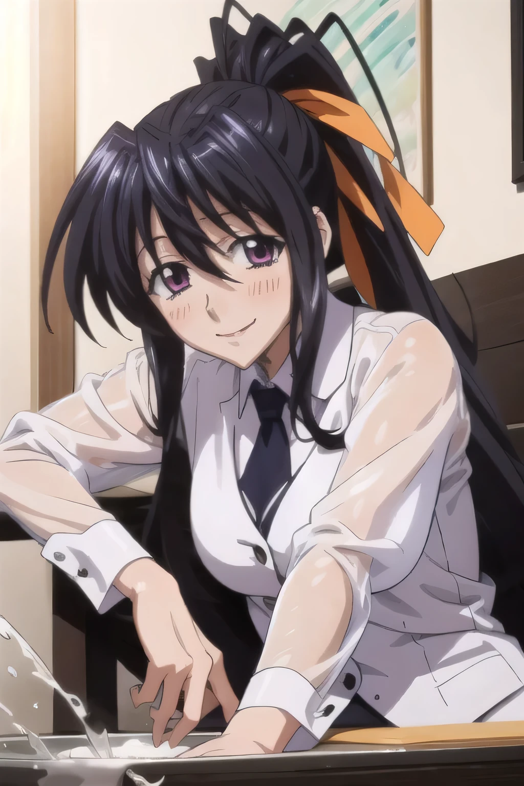 Himejima Akeno、Long Hair、(draw the eyes:1.2)、one person
、blush、smile
、Soaking wet
、Sit down
、In a suit
、(highest quality)
、(Fine skin:1.3)
