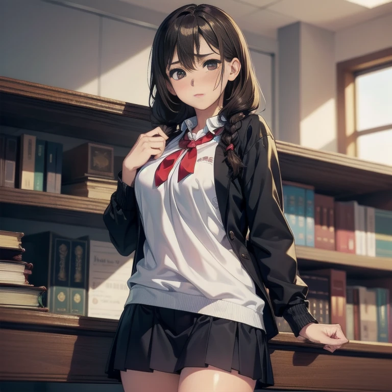 masterpiece, best quality, high resolution, UHD, pixel perfect, depth of field, 32k, cowboy shot, BREAK, 1 girl, dark skin, ((girl style anime)), Glossy skin, rounded eyes, beautiful eyelashes, realistic eyes ), ((wearing glasses)), (detailed face, blushing:1.9), (smooth texture:0.75, realistic texture:0.65, photorealistic:1.2, anime CG style, sharp, Beauty of perfect body, shadow realistic perfect body, BREAK, medium breasts, brown hair, with long braids, wearing a school sweater with a red tie, long checkered skirt, BREAK, shiny skin, Perfect Body Beauty, round ass, standing looking at camera, with a book in her hands in a library , embarrassed and ashamed.