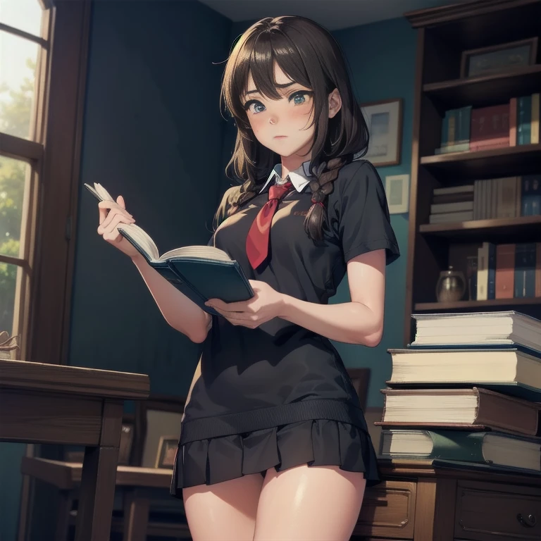 masterpiece, best quality, high resolution, UHD, pixel perfect, depth of field, 32k, cowboy shot, BREAK, 1 girl, dark skin, ((girl style anime)), Glossy skin, rounded eyes, beautiful eyelashes, realistic eyes ), ((wearing glasses)), (detailed face, blushing:1.9), (smooth texture:0.75, realistic texture:0.65, photorealistic:1.2, anime CG style, sharp, Beauty of perfect body, shadow realistic perfect body, BREAK, medium breasts, brown hair, with long braids, wearing a school sweater with a red tie, long checkered skirt, BREAK, shiny skin, Perfect Body Beauty, round ass, standing looking at camera, with a book in her hands in a library , embarrassed and ashamed.