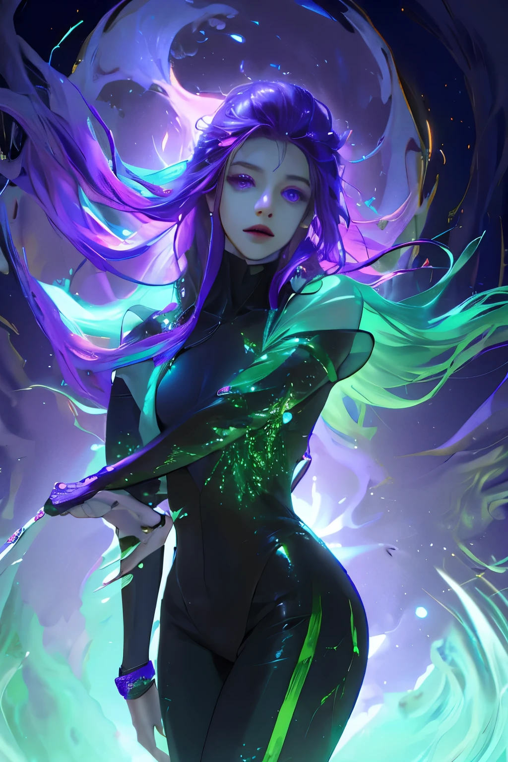 masterpiece, best quality, 1 Girl, with long flowing rainbow hair in shades of purple, blue, and green, Wearing a stylish black bodysuit, stand in a dramatic pose，One hand crosses the waist，The other hand holds a glowing, Magic crystal ball. in the background, Swirling vortices of light and energy add to the mysterious and enchanting atmosphere of the scene. glow hair, multicolor hair