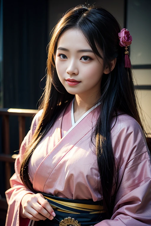 masterpiece, (photorealistic:1.5), realistic eyes, asian woman, best quality, beautiful lighting, professional lighting, photon mapping, radiosity, physically-based rendering,, kamado nezuko, 1girl, black hair, forehead, hair ribbon, japanese clothes, kimono, long hair, multicolored hair, open mouth, pink eyes, pink kimono, pink ribbon, ribbon, smile, very long hair, sky, ((aged up)),, (RAW photo, 8k uhd, film grain)