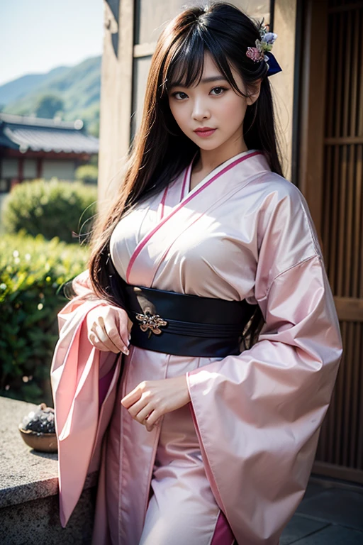 masterpiece, (photorealistic:1.5), realistic eyes, asian woman, best quality, beautiful lighting, professional lighting, photon mapping, radiosity, physically-based rendering,, kamado nezuko, 1girl, black hair, forehead, hair ribbon, japanese clothes, kimono, long hair, multicolored hair, open mouth, pink eyes, pink kimono, pink ribbon, ribbon, smile, very long hair, sky, ((aged up)),, (RAW photo, 8k uhd, film grain)
