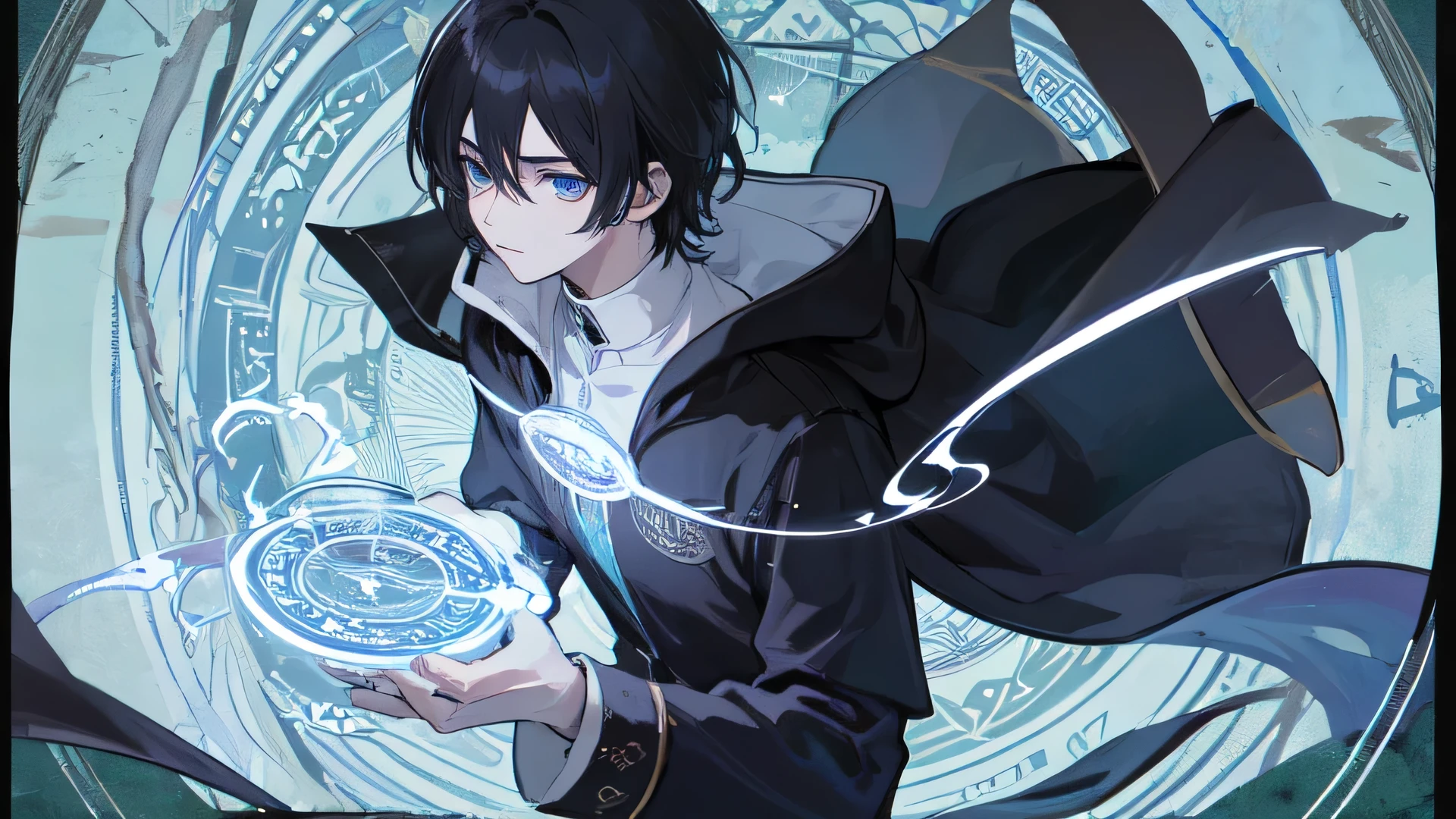 22 years old male, Black Hair, blue eyes, Sharp black eyes, black elegance,Black cape ,Control light and dark, Make it like tarot card anime style,But no frame, Eyes very firm, Magic Circle, Light, dark, Light Particles, dark particles