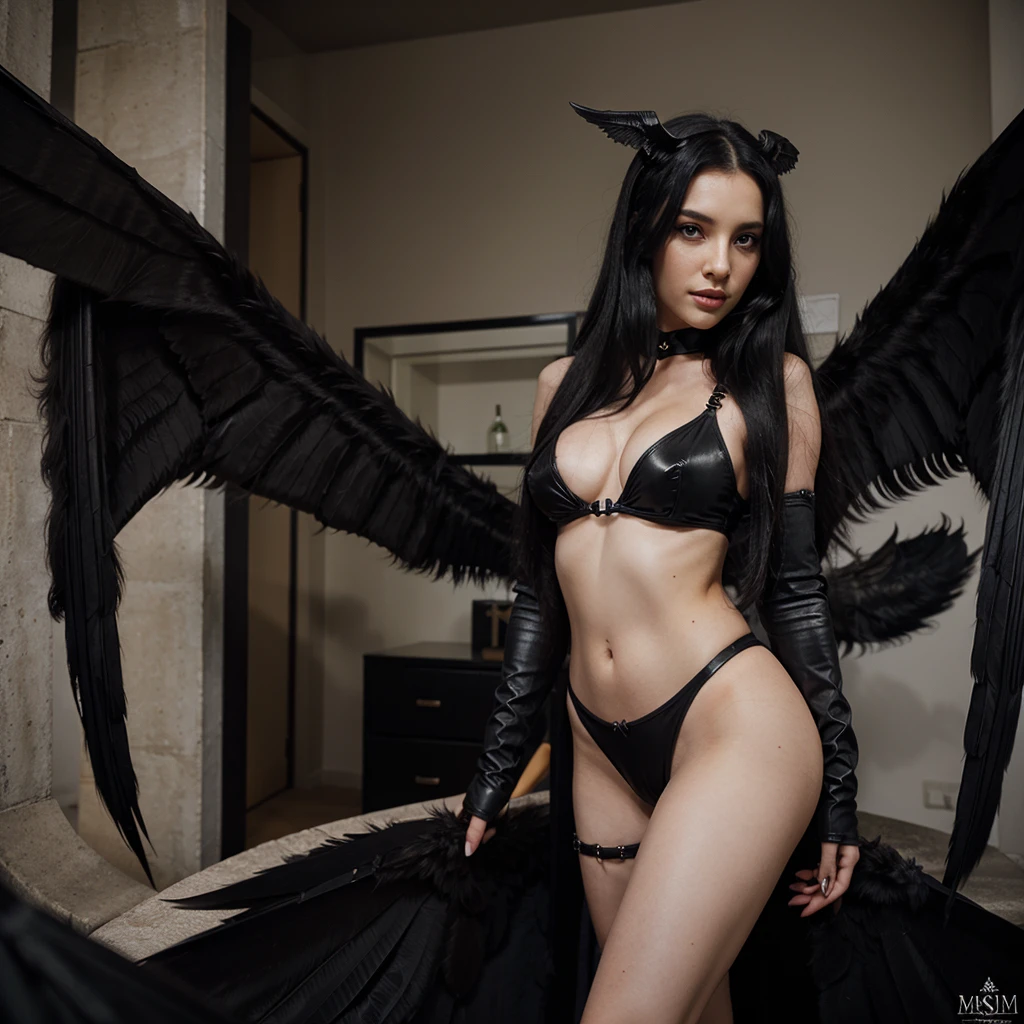 Long black hair succubus with double black wings