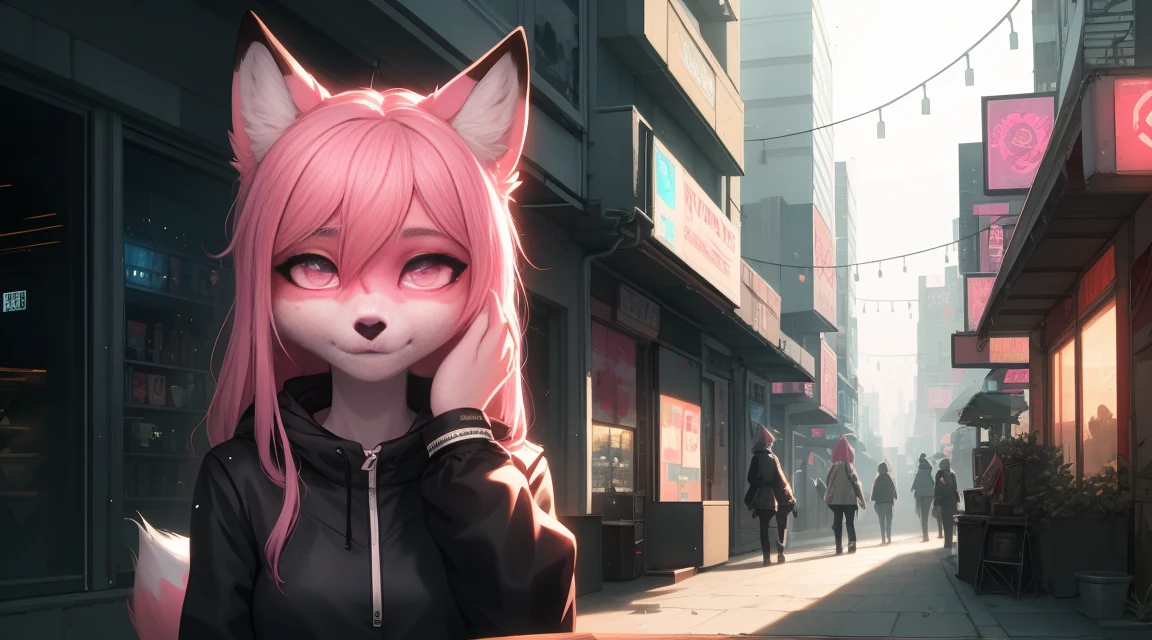 Cyberpunk fox, Beautiful light and shadow on a beautiful face with light pink hair、Ambientebeleuchtung am Strand、Ultra-fine fur、Das volumetrische Licht ist sehr detailliert,Furry art of the highest quality