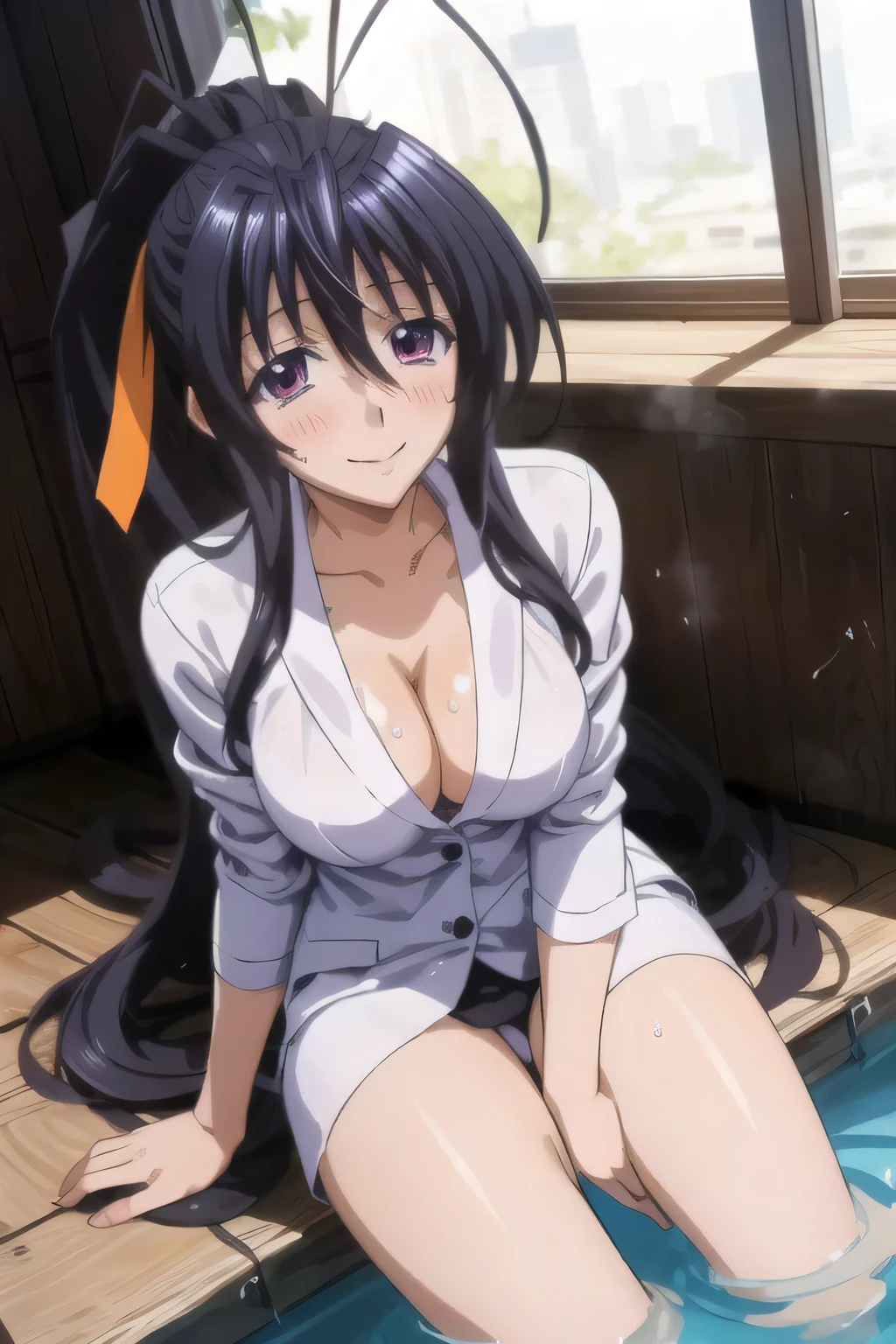 Himejima Akeno、Long Hair、(draw the eyes:1.2)、one person
、blush、smile
、Soaking wet
、Sit down
、In a suit
、(highest quality)
、(Fine skin:1.3)