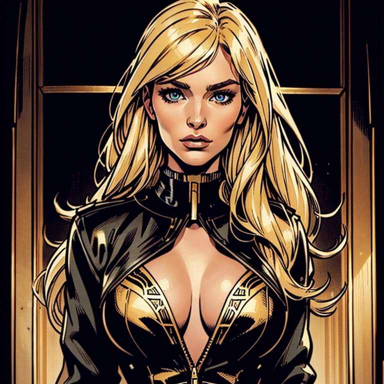 Draw a beautiful white woman, she is wearing a black jacket, she has a black collar with golden details, she has a beautiful long blonde hair with a nice long fringe, she has beautiful eyes, her face is pretty, very beutiful, high resolution, 4k, 8k, masterpiece, high detailed, american comic book style image
