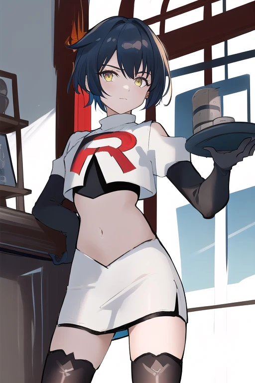 masterpiece, absurdres,genshin impact, Genshin Impact, game character, video game, (xingqiu),yellow eyes, short blue hair,male focus, trap, crossdressing,1boy,team rocket,team rocket uniform,white skirt,red letter R,crop top,black thigh-highs,black elbow gloves