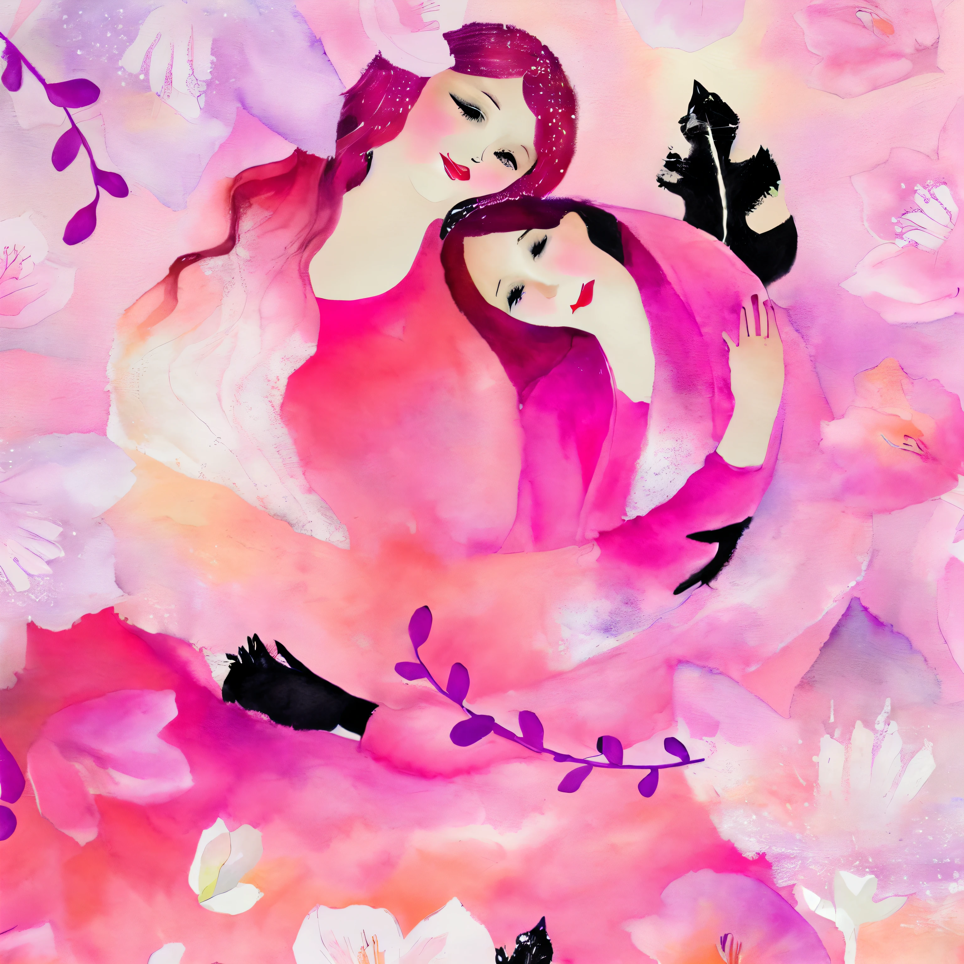 painting of a woman and a cat in a pink flowered bed, illutstration, dreamy illustration, by Juliette Leong, a beautiful artwork illustration, by Rose Henriques, by Ruth Jên, by Ina Wong, persian folkore artstyle, by Tan Ting-pho, by Maryam Hashemi, by Maruja Mallo, by Yuko Tatsushima