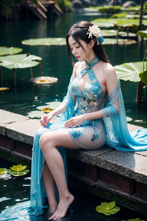 Ancient Chinese beauty sitting on stone, wearing ancient Chinese costume, flowing blue tulle, light silk, lazy pose, large lotus leaves, lotus flowers, ink painting style, clean colors, decisive cutting, white space, freehand, masterpiece, super detailed, epic composition, high quality, highest quality, 4k --v 6