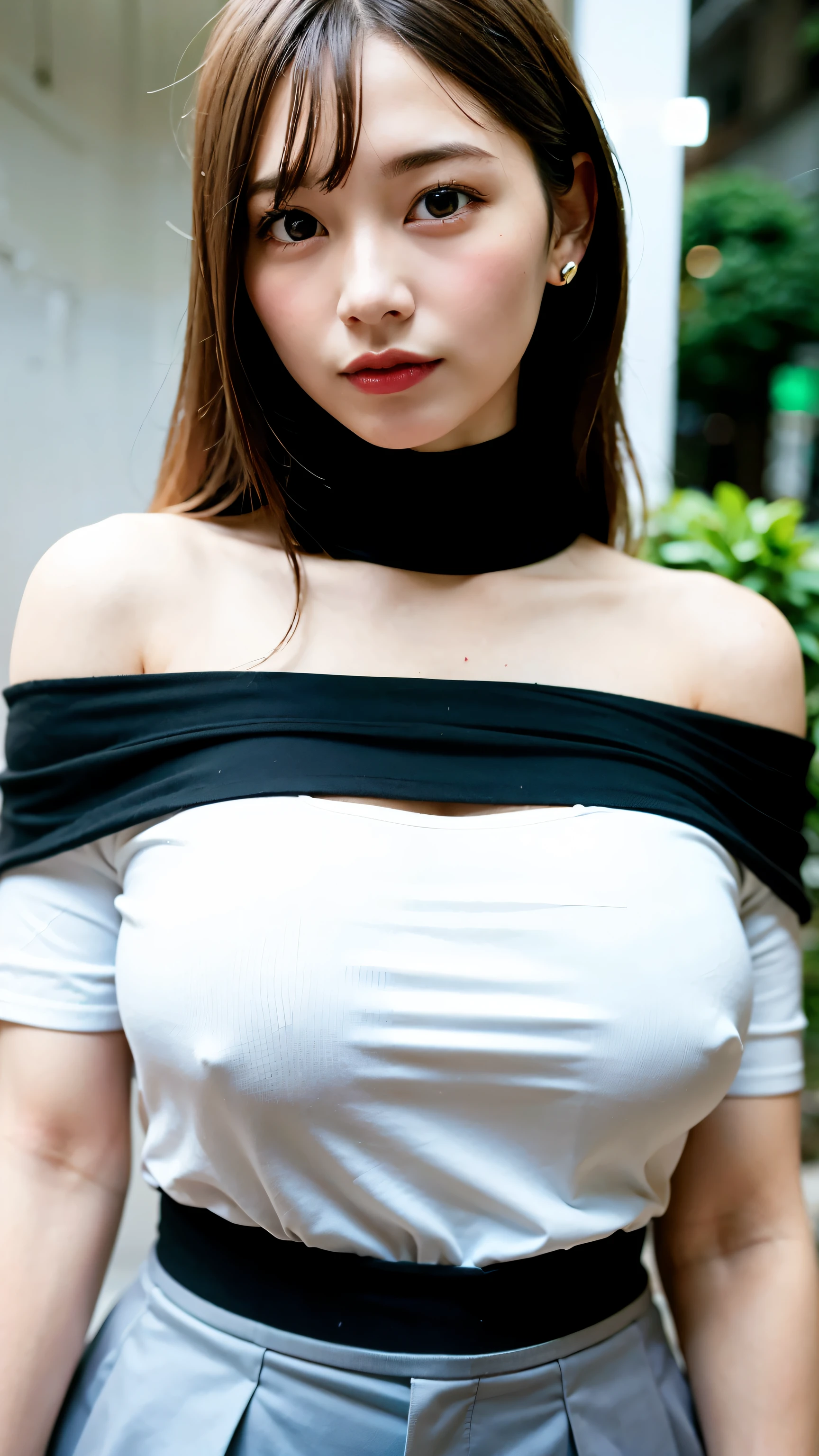 best quality, ultra high res, (photorealistic:1.4), 1girl, off-shoulder white shirt, black tight skirt, black choker, (faded ash gray hair:1), (huge breasts:1.2), looking at viewer, closeup ,