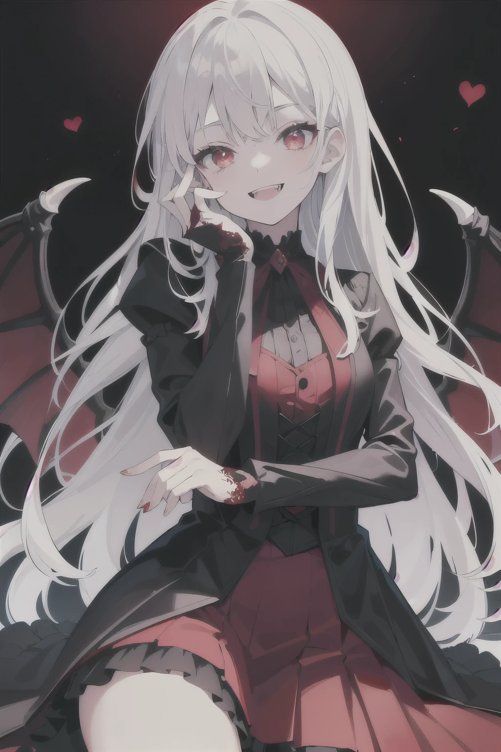 (masterpiece:1.2, Best quality),(better lighting, very gentle and beautiful),(better lighting, very gentle and beautiful), (beautiful detailed face), (finely detailed eyes and a detailed face:1.2), dark fantasy, (young girl, Small animals, 1 girl, crazy smile, pale skin, White hair, Red glowing eyes, Dynamic angle, fangs, big white wings, Bloody sky, Black and red colors, black gothic dress, grins, in different poses посылает воздушный поцелуй
