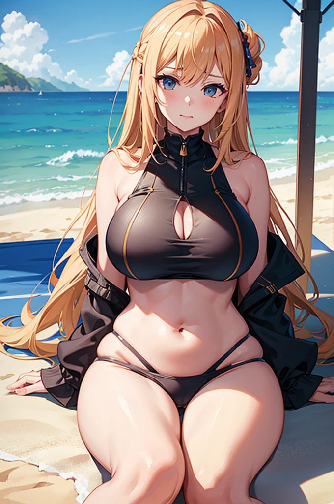 Super detailed, high quality, 8k CG, Huge breasts,Tsundere,Swimwear,Belly button exposed,Sitting,Beach