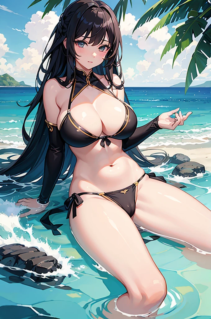 Super detailed, high quality, 8k CG, Huge ,Tsundere,Swimwear,Belly button sed,Sitting,Beach