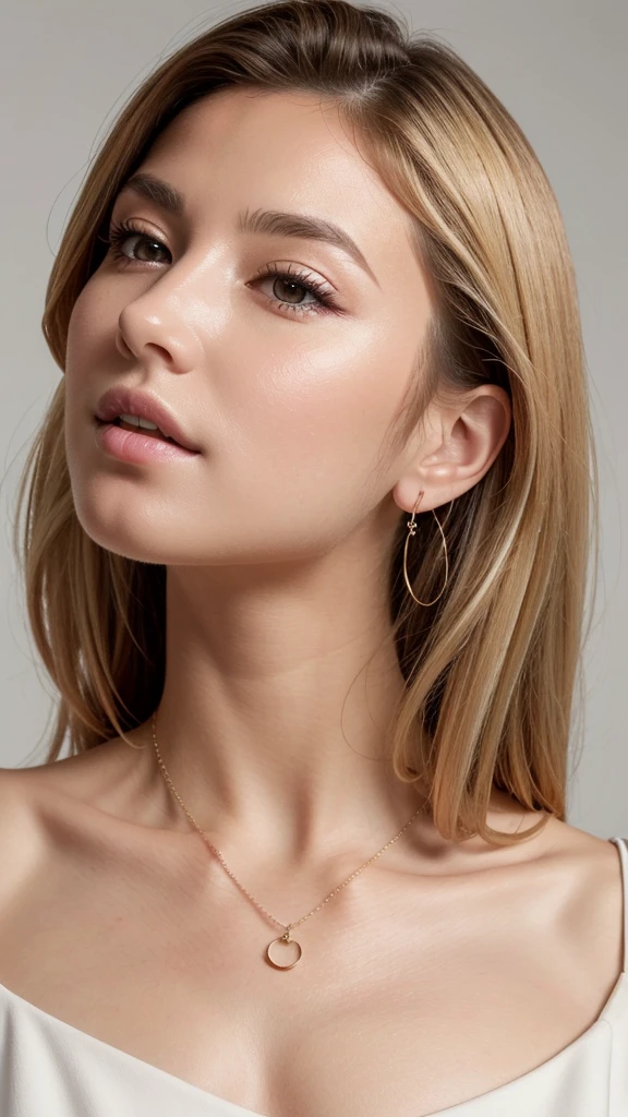 1 25 years old beautiful woman with casual cute hairstyle posing for a portrait, Real raw photo with super detailed details, (Beautiful smooth glossy blonde hair woman), A very beautiful blonde woman, She is blushing and making a kissy face with love, Her face is turned upwards, (Well-cared for beautiful blonde hair), 16K Ultra Realistic Portrait, Photograph from the front of her, Camera angle of view from above, She is slim figure top model and famous movie actress, (She has a very fine smooth and white skin), Breast enhancement, ((((1 European blonde woman)))), (The blonde eyebrows are raised and furrowed), She has bittersweet feeling, Super thinly opened eyes are moist and droopy, Form a gentle curve from cheek to chin, She is looking up at the camera from below, Her thick plump and shiny big lips are half-opened, Close-up photo of face, A person in the center left and right:1.0, The whole head is shown, She is wearing pastel color blouse and simple earrings and a simle necklace, Perfect makeup, Professional lighting like movies in her bedroom