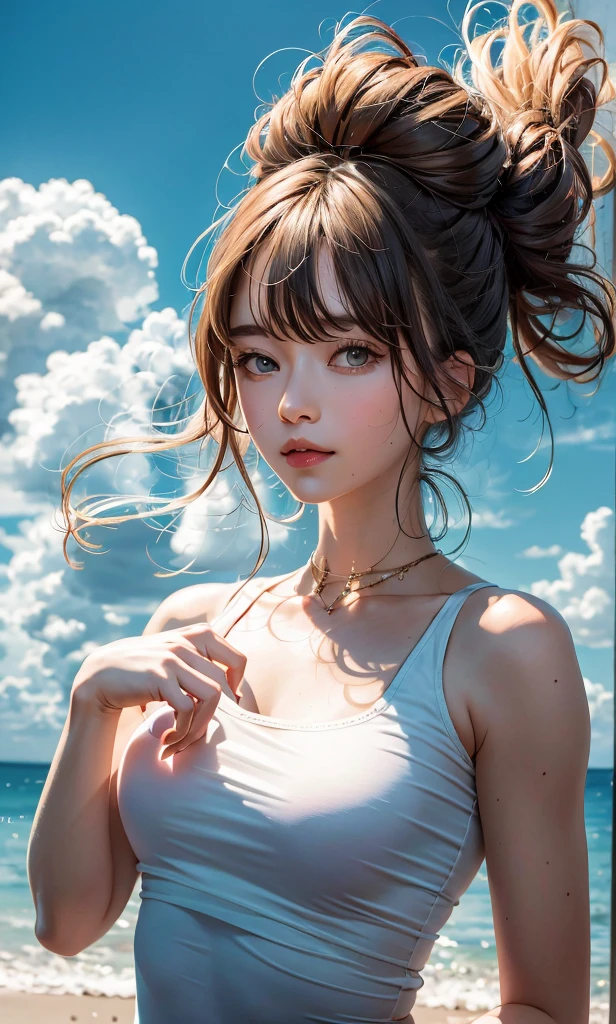 ( Absurd, High quality, ultra-detailed, masterpiece, concept art, smooth, highly detailed artwork, hyper-realistic painting )beautiful eyes(eyes detailed),1 pretty girl, Rose with pink, yellow, and blue color, Rainbow in sky, dreamy, clouds, Vivid, cute and fantasy